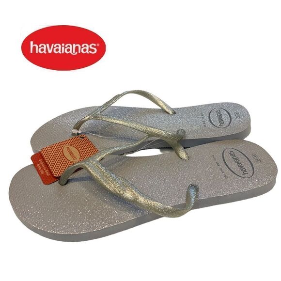NEW with Tag Havaianas Fantasia Gloss Sparkly Silver Ice Grey Flip Flops Sandals - Picture 1 of 4